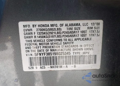 2009 Honda Pilot Ex-L z USA, uszkodzony, nr VIN 5FNYF38519B025345